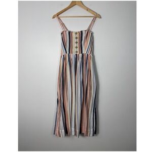 Boho Free People Womens S Midi Dress Multi Color Stripe Smocked Pocket Sun Dress